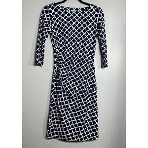 J. McLAUGHLIN Navy Geometric Print Ruched Sheath Dress XS Navy Blue White Career
